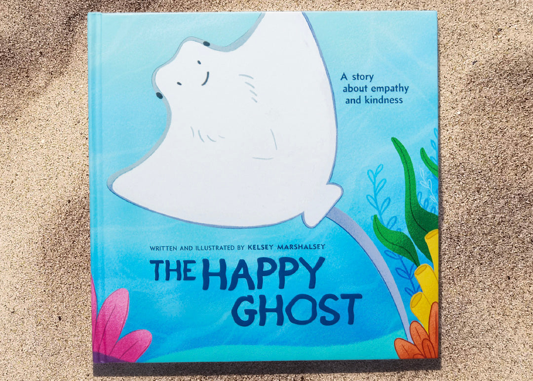 The Happy Ghost children's book cover by Kelsey Marshalsey featuring a cute stingray.